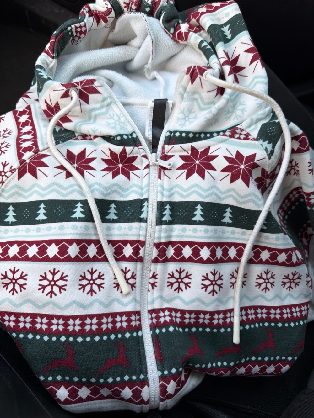 Fabletics White, Burgundy & Dark Green Holiday Zip-Up Hoodie